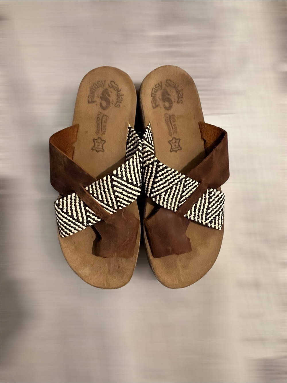 Fantasy Sandals Women's Size 38 Brown Leather Cross Strap Slide Sandals Comfort